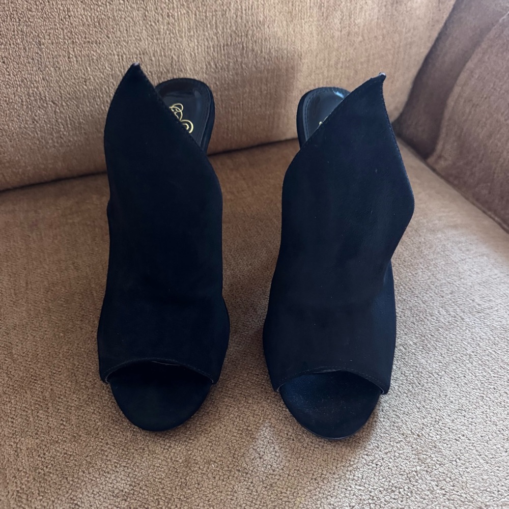 Forever 21‎ Black Suede Peep Toe Mule Heels Stiletto Slip On Size 9